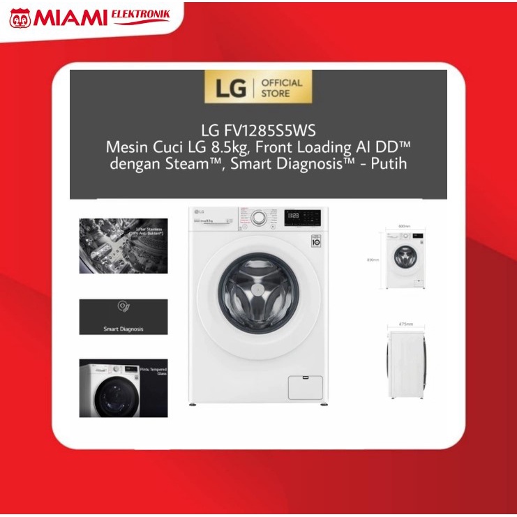 Mesin Cuci LG 8.5kg Front Loading FV1285S5WS dengan Steam - Smart Diagnosis