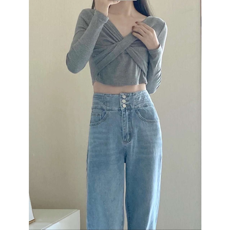 Celana Jeans Longgar Wanita Pinggang Tinggi Biru Muda Korea Baru