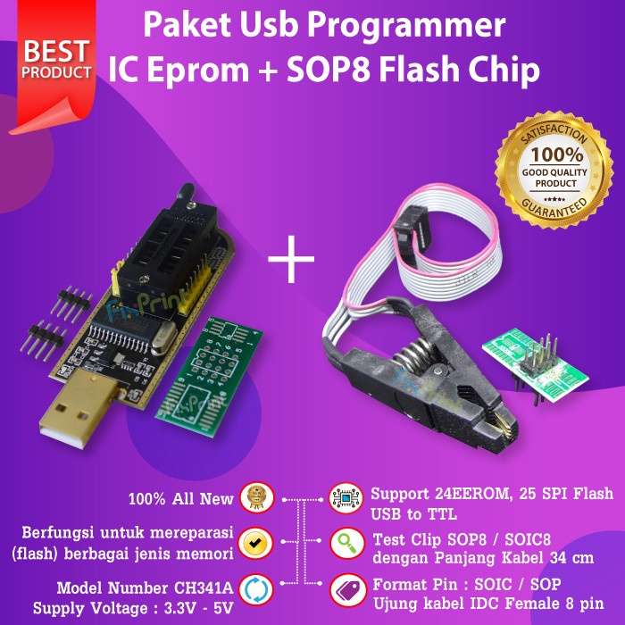 Programmer USB CH341A + Penjepit SOP8 Flash Chip New IC