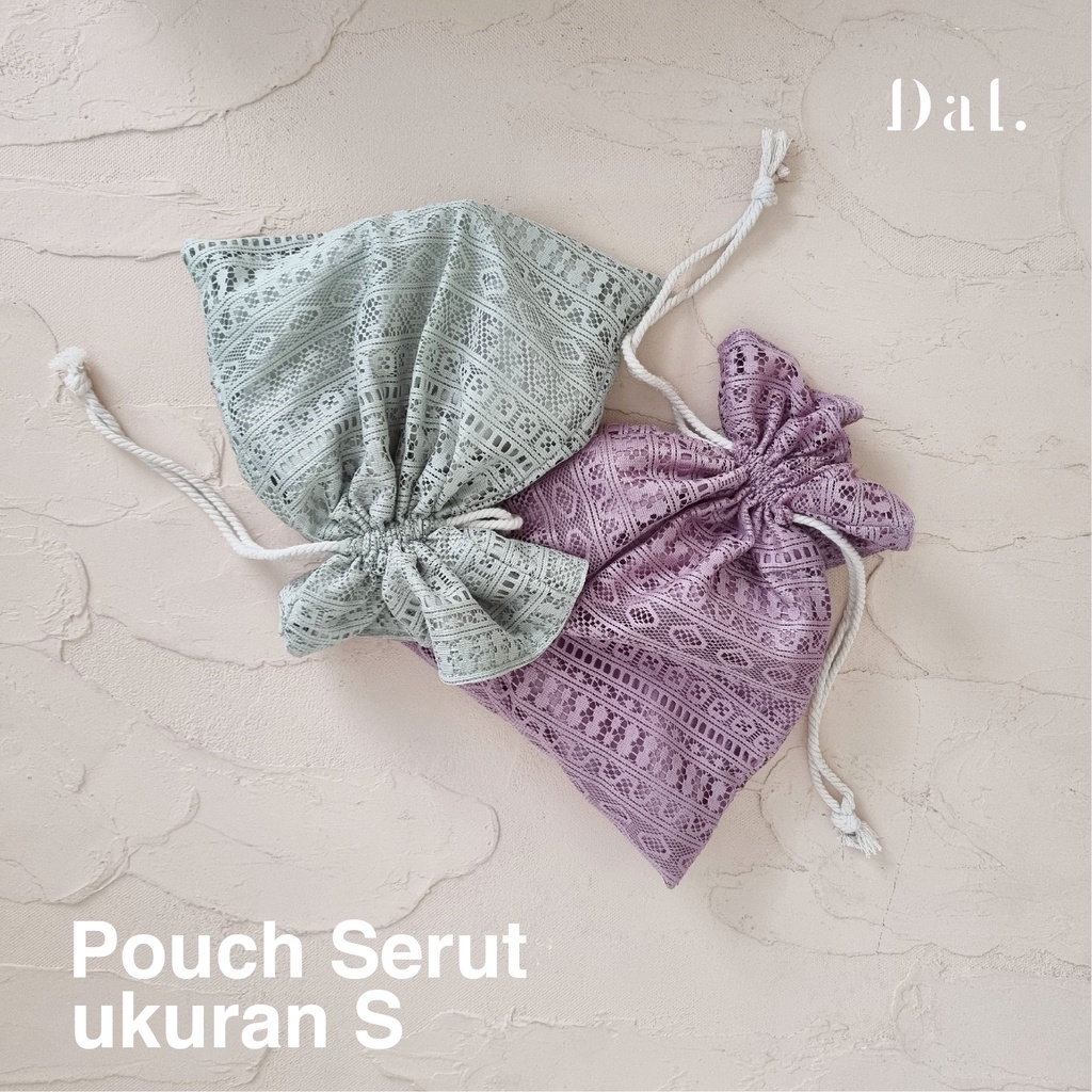 Pouch serut drawstring premium tas serut kantong tali travel oraganizer bahan kain satin serbaguna wadah kosmetik makeup mukena perhiasan aksesoris sovenir jewelry lucu imut motif bukat etnik ukuran small kecil hijau sage green ungu dusty lilac