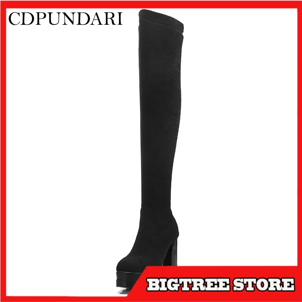 Sepatu Boots Wanita Panjang Black High Heels Over The Knee Boots Women Thigh High Boots Ladies Platf
