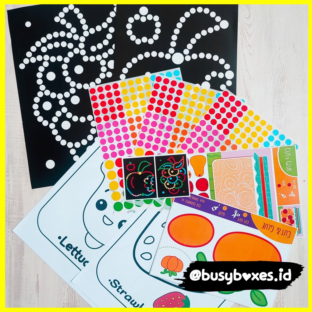 [busyboxes.id] Mainan Edukasi anak 3 tahun paket aktivitas anak usia 3 tahun menempel sticker cut and glue dan lembar mewarnai seri - apel anggur