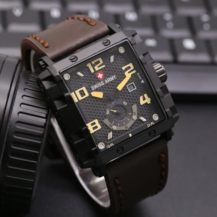 Terlaris  Jam Tangan Fashion Pria Tali Kulit Tanggal Aktif Free Box & Gelang Zodiak Baterai Cadangan