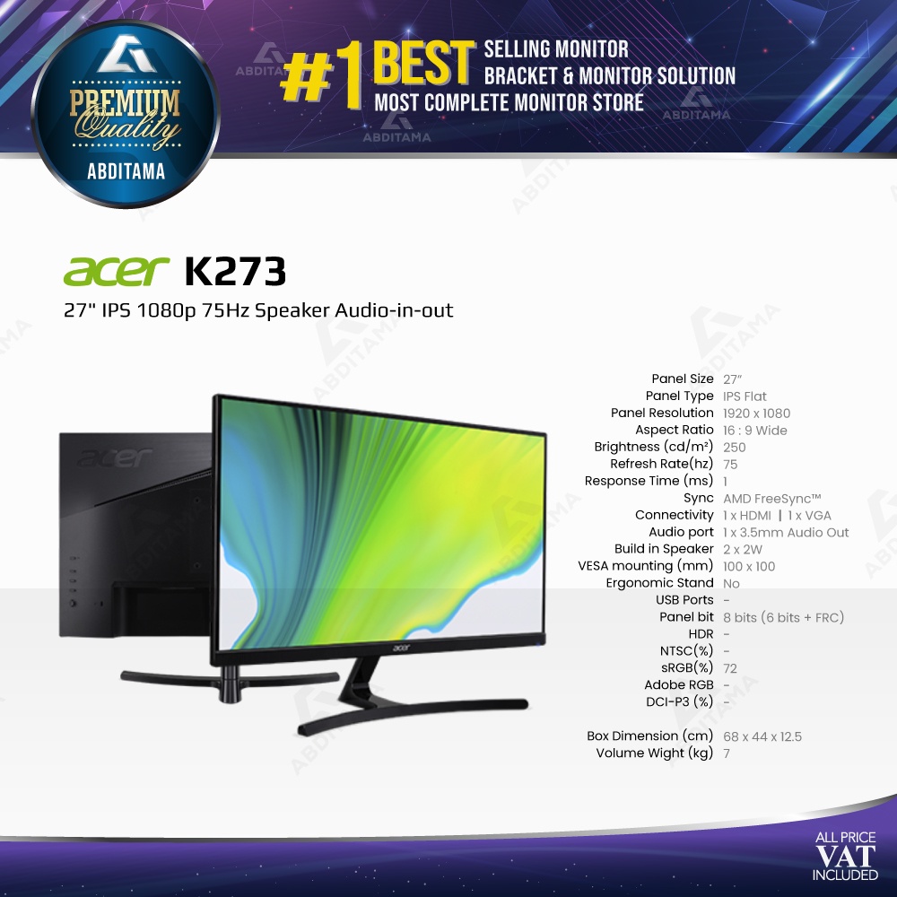 Monitor LED Acer K273 27&quot; IPS 1080p 75Hz Speaker Audio-in-out