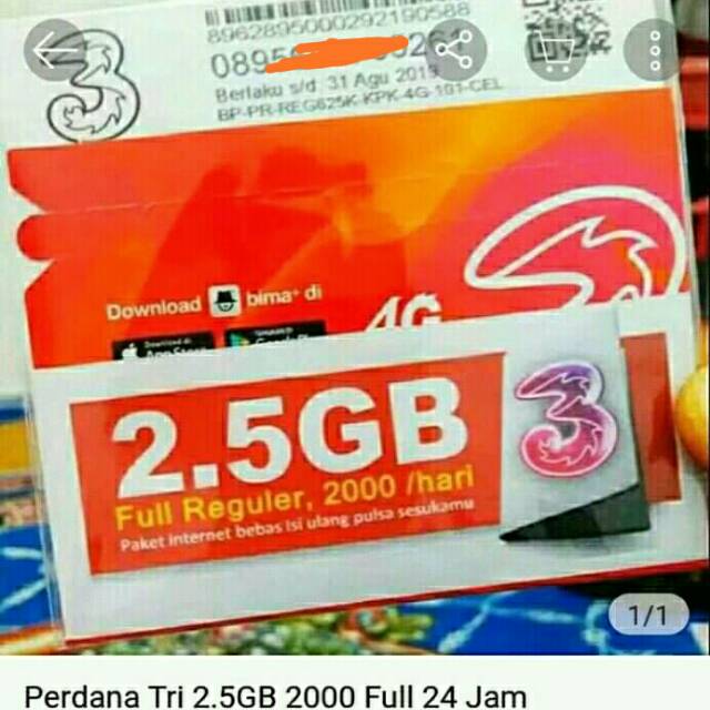 Kartu 3 sakti 2,5Gb/ 2000 full 24 jam tanpa pembagian, all jaringan.