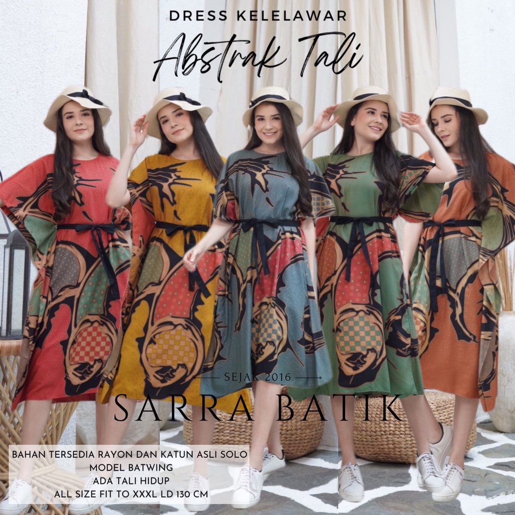 PREMIUM DRESS ABSTRAK TALI Batik Warna Dress Wanita Rayon Cantik Casual Formal Outfit Remaja Kelelawar Batwing Solo