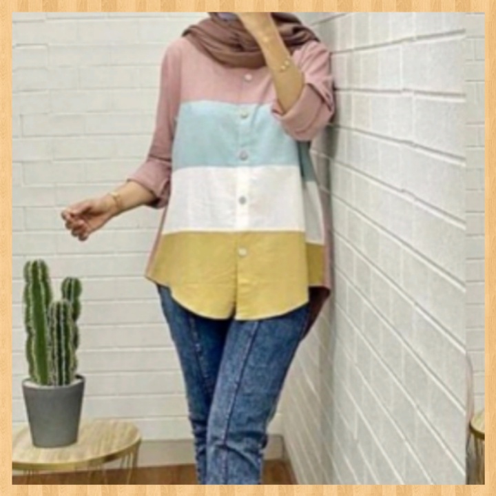 Atasan Blouse Kemeja Wanita Katun Linen Impor Terbaru-Kerah Dusty