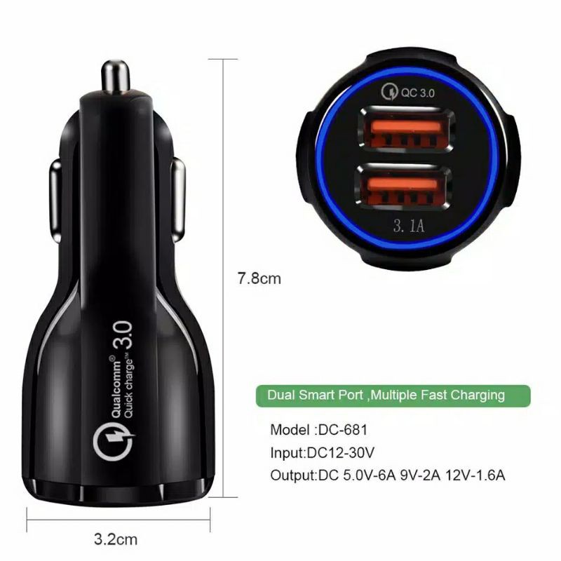 Taffware Car Charger Mobil Dual USB Port 3.1A  QC 3.0 DC-681 Quick Charge