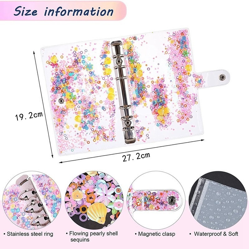 10pcs / Set Folder Loose Leaf Ukuran A6 Bahan PVC Aksen Glitter + Sequin Untuk Simpan Uang / Agenda