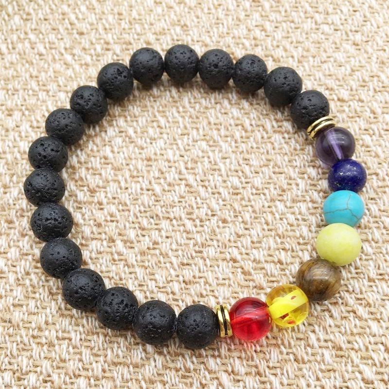 Gelang Manik-Manik Batu Lava 8mm 7 Chakra Healing Balance Untuk Pria Dan Wanita