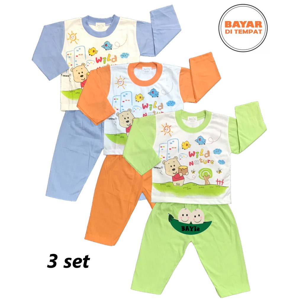 BAYIe - 3 SET Setelan Kaos Oblong Bayi / Anak Lengan PANJANG Motif Gambar Random TRALALA 3-18 bulan