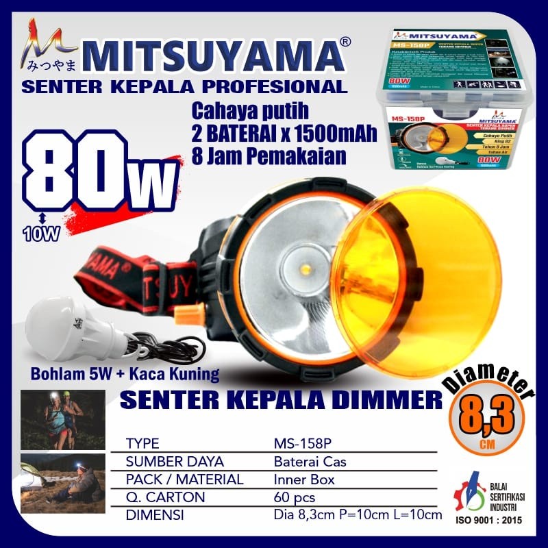 Senter Kepala Dimmer 80Watt Mitsuyama MS-158P Headlamp Batrai awet dan tahan lama