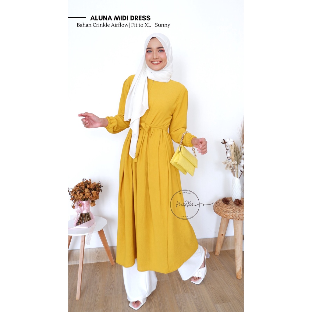 Aluna Midi Dress Wanita Remaja Muslim Busui Jumbo Bahan Crinkle Airflow Premium Fit to XL Terbaru / Dress Kondangan Simple Elegan Beraneka Warna / Gamis Lebaran Polos Mewah Kekinian 2022 / Fashion Muslim Wanita Syar'i Murah Beraneka Warna