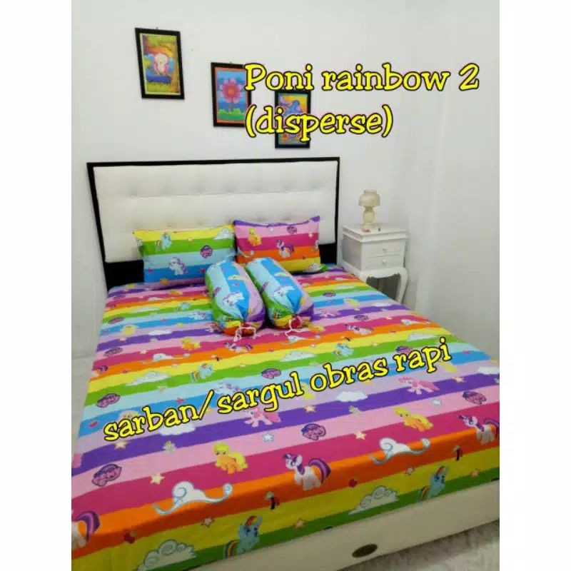 Seprei Motif Kuda Poni Rainbow & Lembut – Set 4in1 (2 Sarung Bantal + 1 Guling) – Ukuran 180x200 / 1