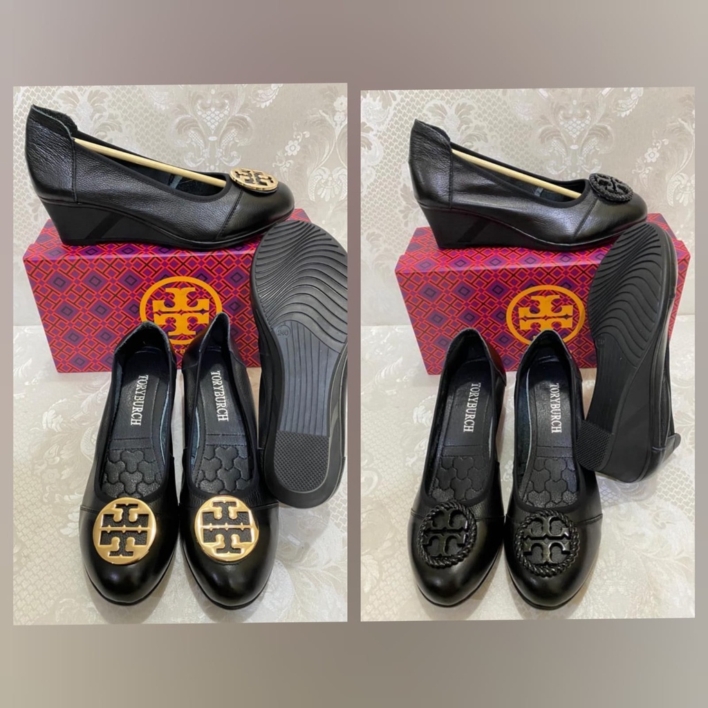 Tory Burch Circle Plate Genuine Leather Wedges Wanita