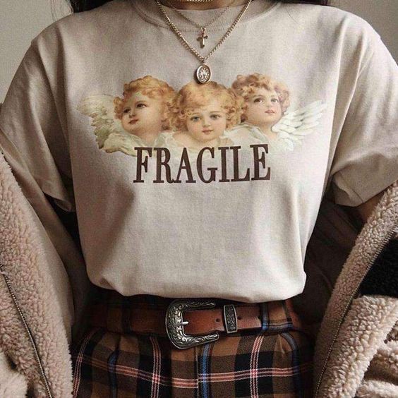 Fragile T-shirt | Kaos T-shirt Longgar Lengan Pendek Versi Aesthetic Motif Print Untuk Musim Panas