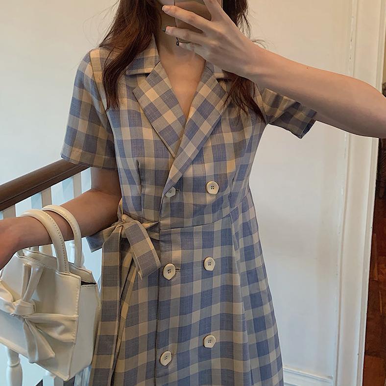 Dress Lengan Pendek Motif Kotak-Kotak Untuk Wanita