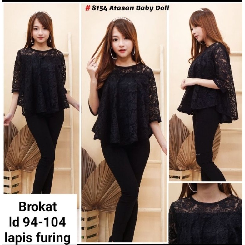 Atasan brokat baby doll standar bumil lapis furing tangan 3/4 s m l