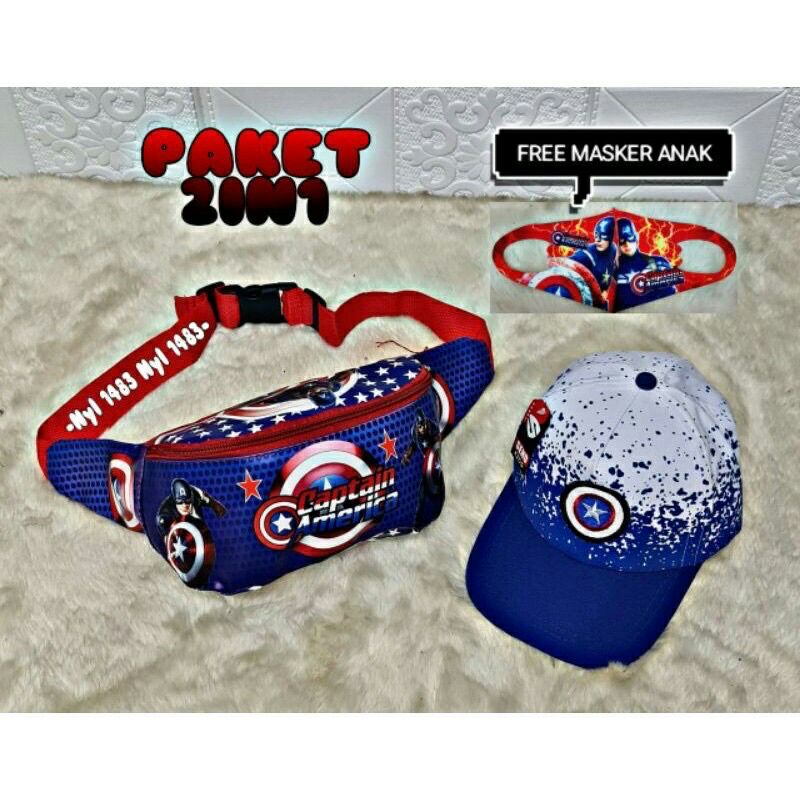 Paket 2in1 FREE MASKER tas selempang anak topi anak waist bag anak laki laki topi anak laki laki motif captain america