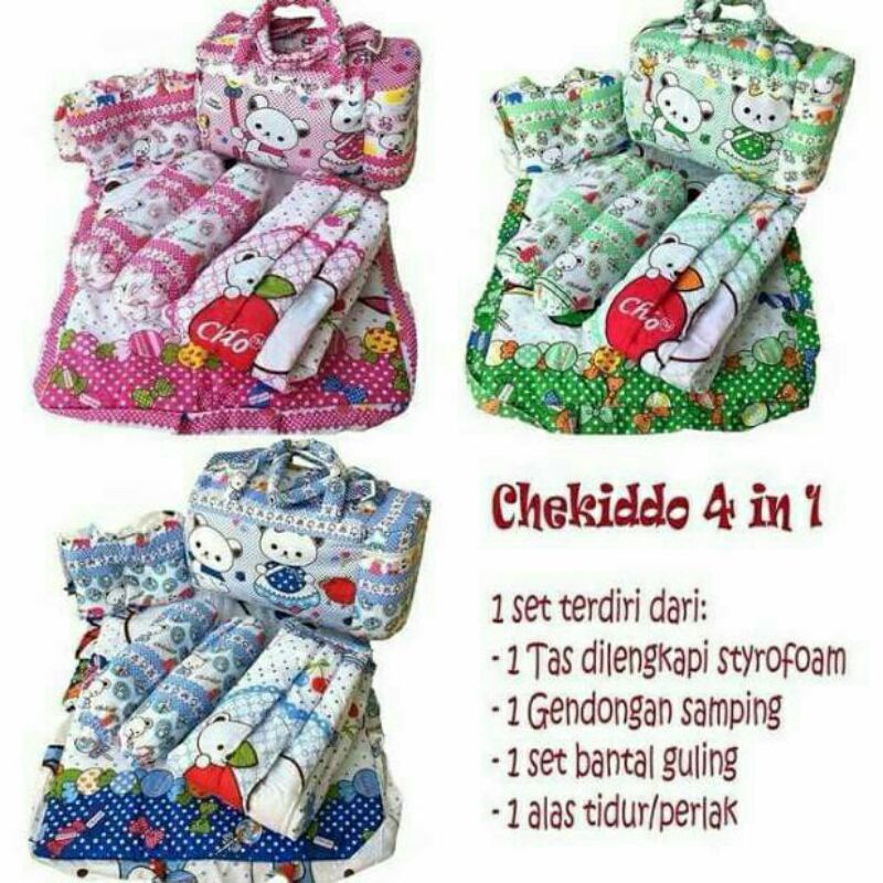 PROMO TERLARIS!!! KADO PAKET KOMPLIT TAS GENDONGAN ALAS TIDUR &amp; BANTAL GULING CHEKIDDO-GIFT SET 4IN1