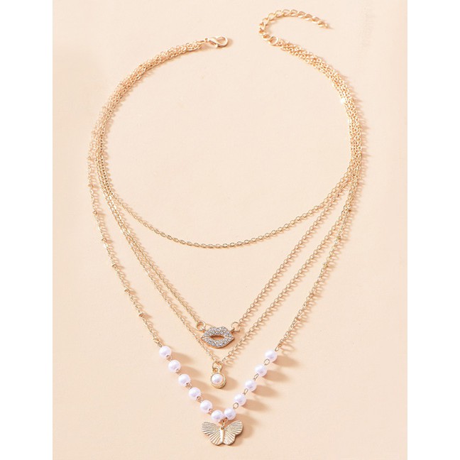 LRC Kalung Fashion Gold Color Alloy Multilayer Diamond Butterfly P82905