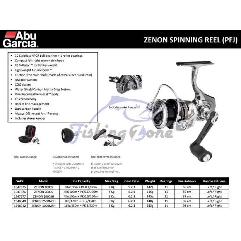 Abu Garcia ZENON Spinning Reel 1000S 2000S 2000SH 2500MSH 3000MHS - Gulungan Pancing Super Ringan Te