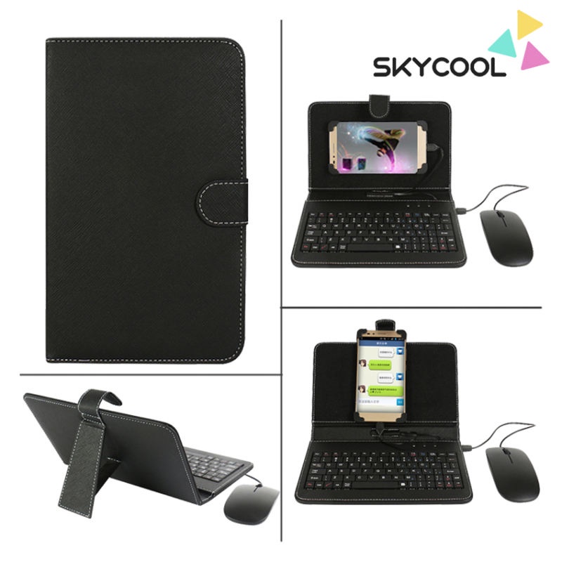 Android Phone Keyboard Dan Mouse Set Portabel Type-C/Micro-Usb Kabel Keyboard Mouse Kit Stand Telepon Dengan Kulit Cove Dengan Type-C/Micro-Usb Converter Untuk Ponsel Kantor Rumah Belajar Online Bermain Game (Telepon OTG)