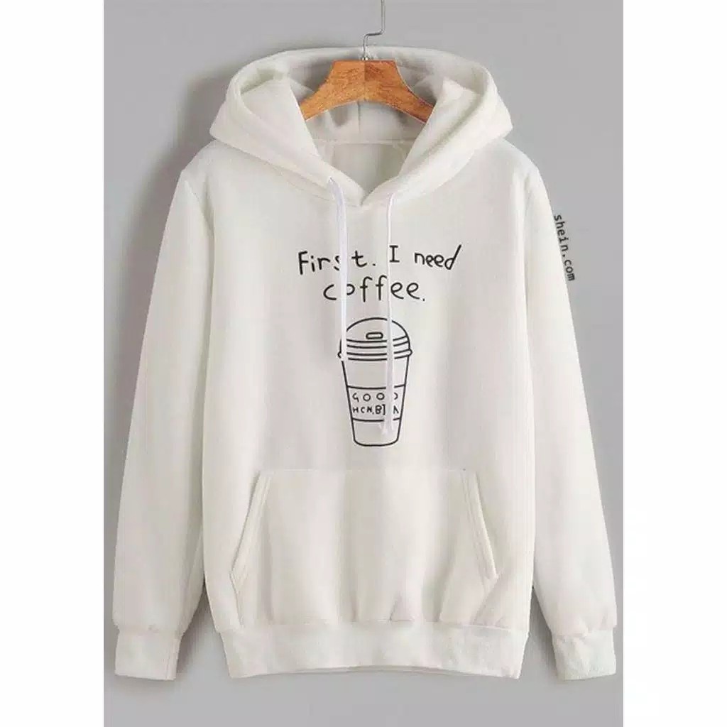 SWEATER HOODIE FIRST I NEED COFFE BAHAN FLEECE SIZE M - XXL ( PRIA &amp; WANITA )