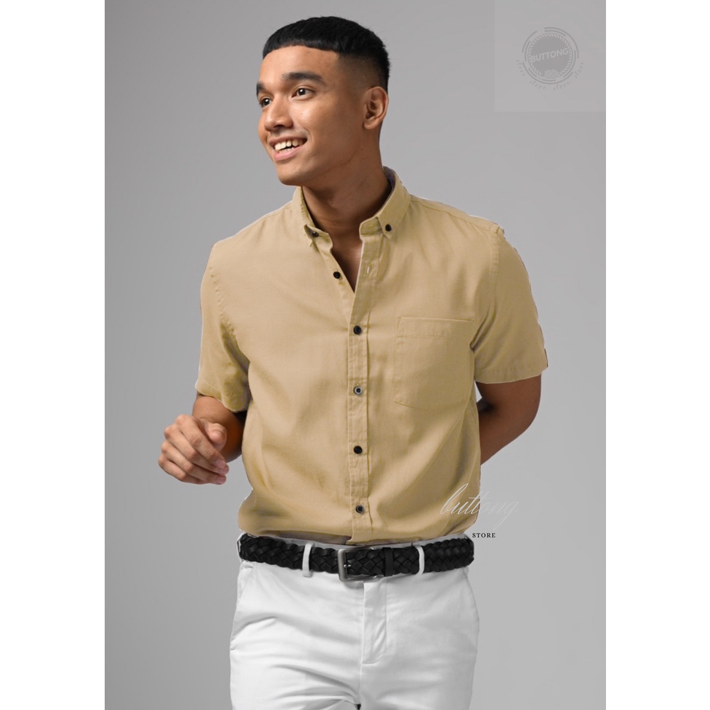 Kemeja polos katun kerja kantor casual Lengan Pendek pria hitam putih mocca coklat khaki cream