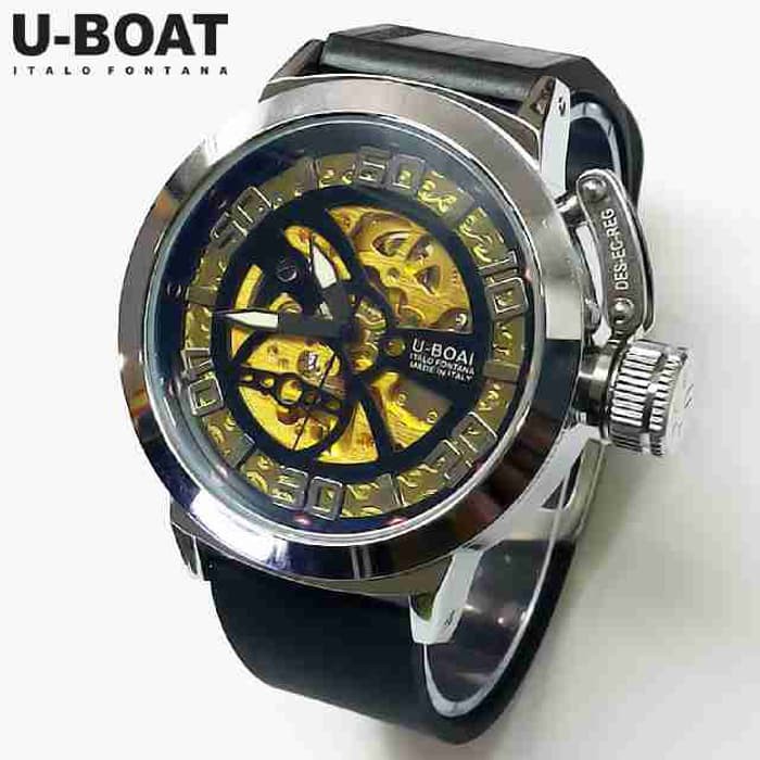 Jam Tangan Pria U-Boat Skeleton Ub2 Rubber Black Silver Automatic