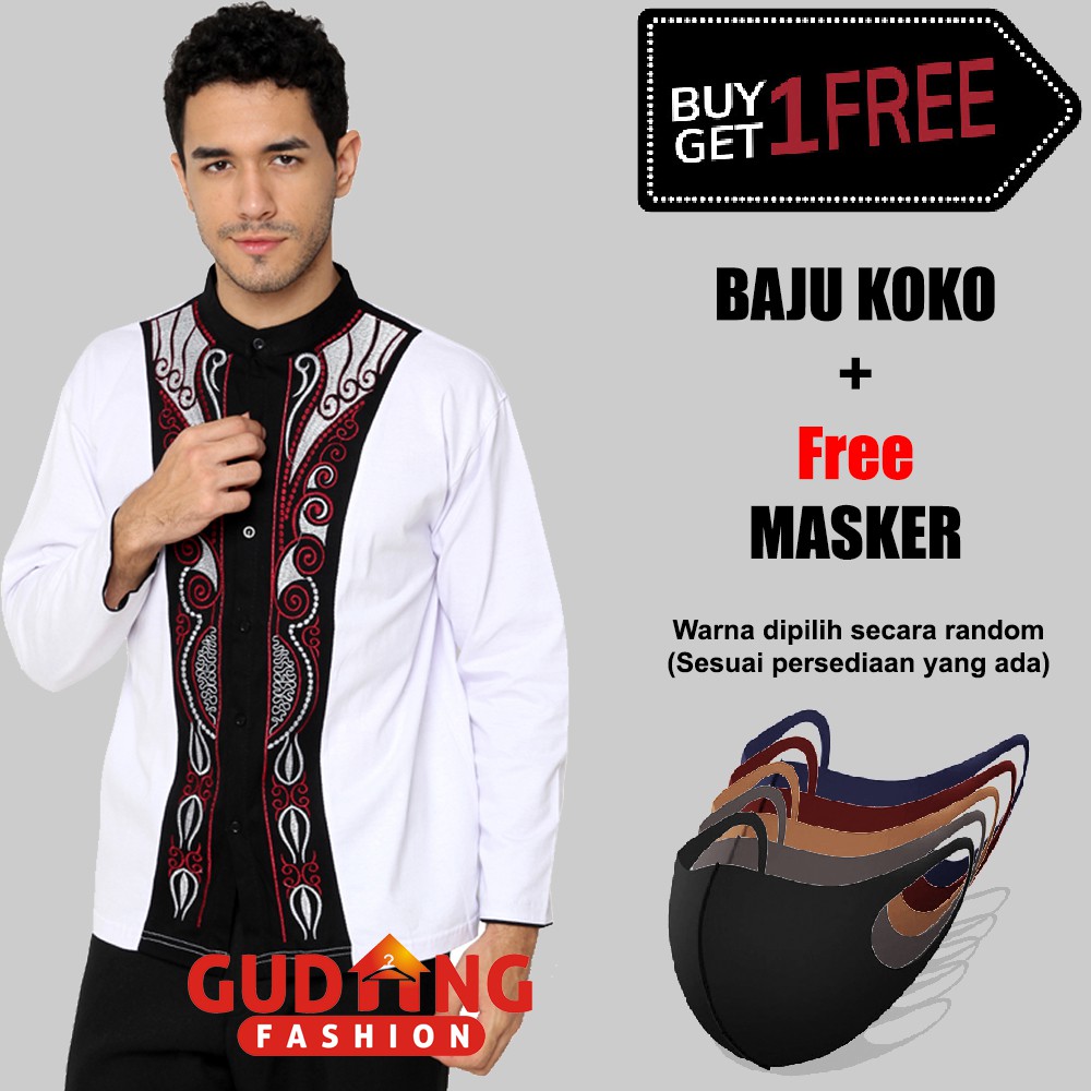 Koko Panjang Bordir Baju Kemeja Pria Muslim Plus Free Masker