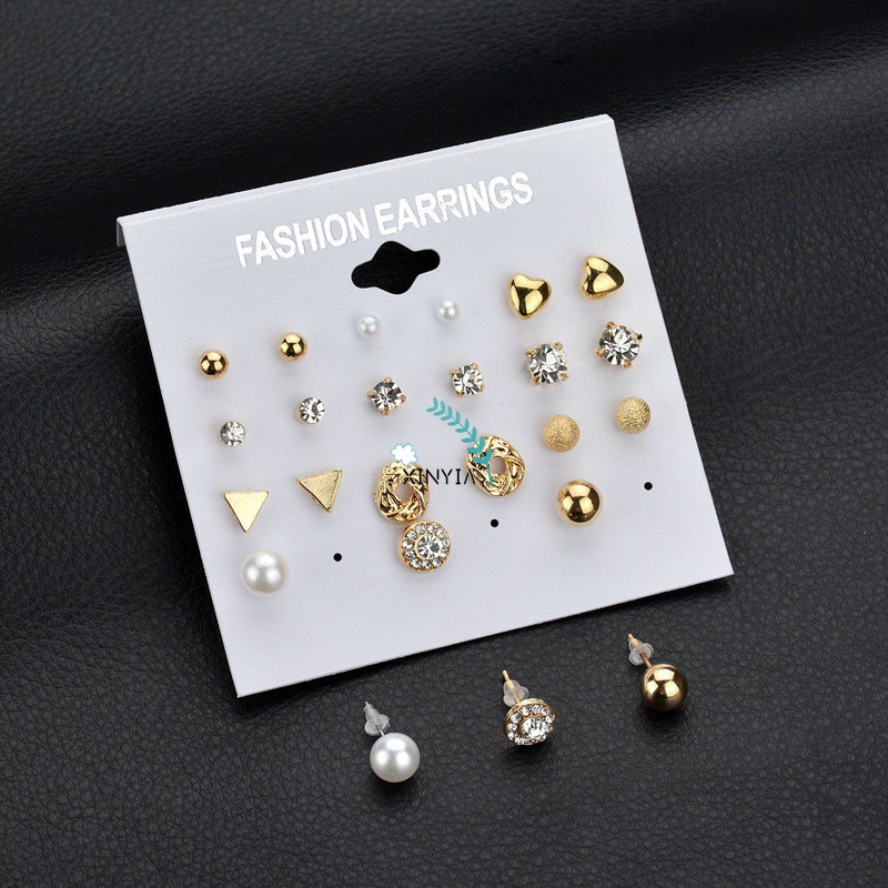 12 Pasang/Set Anting Tusuk Stud Model Variasi Berlian Imitasi/Hati/Mutiara untuk Wanita