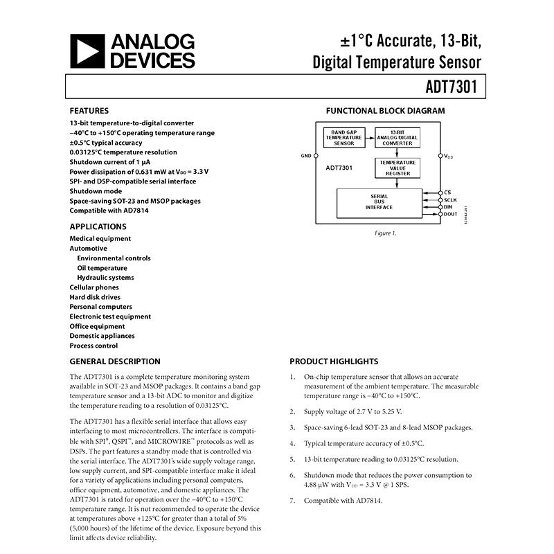 Adt7301artz SOT23-6 T1H ADT7301 ADI Sensor Temperatur IC