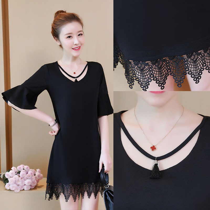 Dress Midi Gaya Korea Elegan Warna Hitam Ada Ukuran Besar 5XL untuk Wanita / Musim Panas