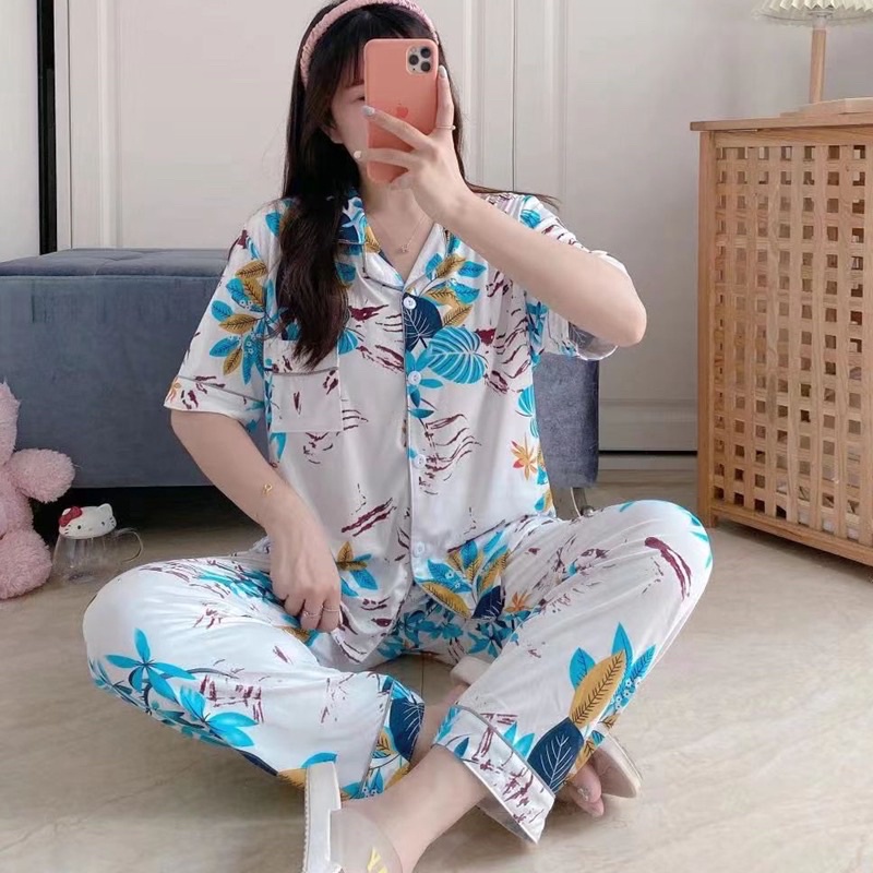 JC- PIYAMA SET Import CP / Piyama wanita Import terbaru / Piyama Import Korean Style-Full Leaf WhiteBlue