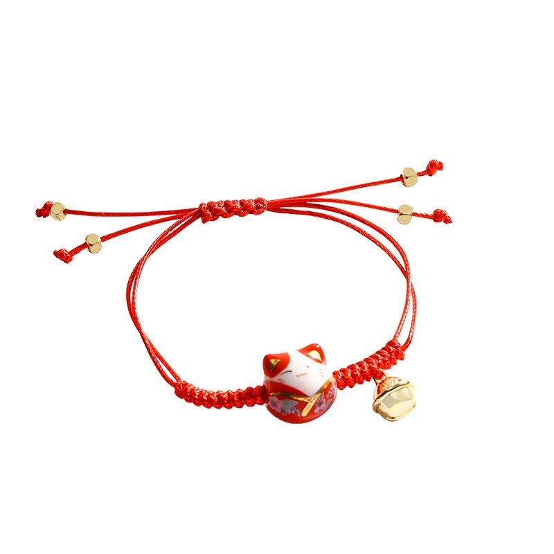 Gelang Tali Kepang Handmade Warna Merah Dengan Charm Kucing Fortune Untuk Pasangan