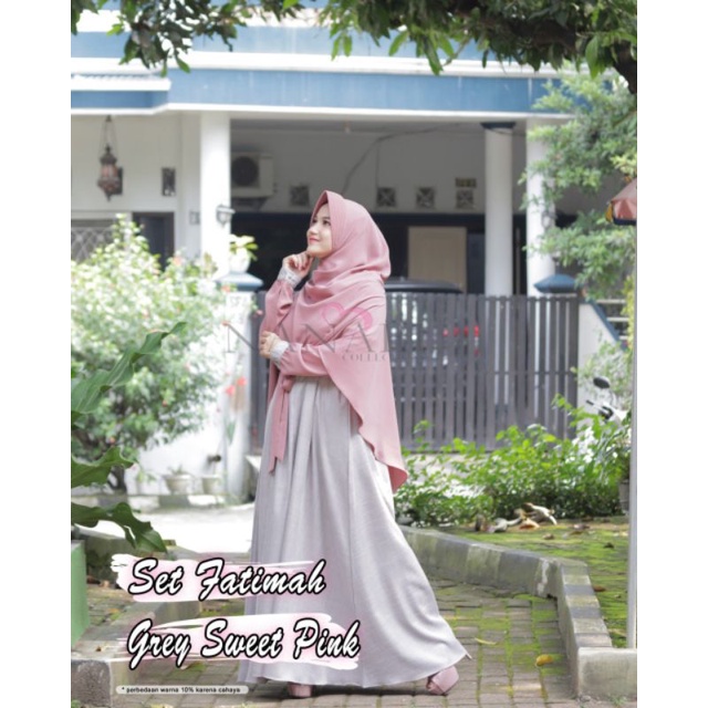 Set Gamis Fatimah Grey Sweet Pink by Nanabi Collection