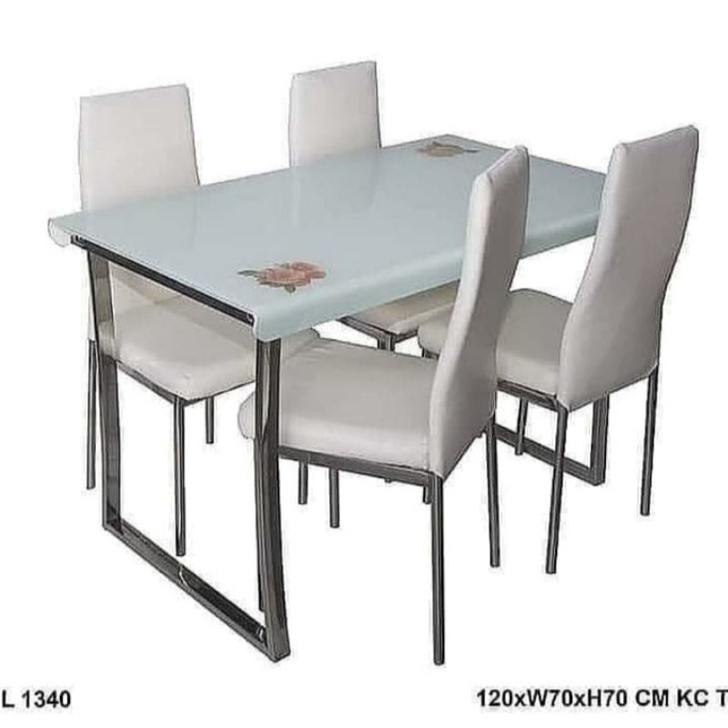 (Free Ongkir Jadetabek) Dining Set | Meja Makan Set Stainless + Tempered Glass - Putih atau Hitam