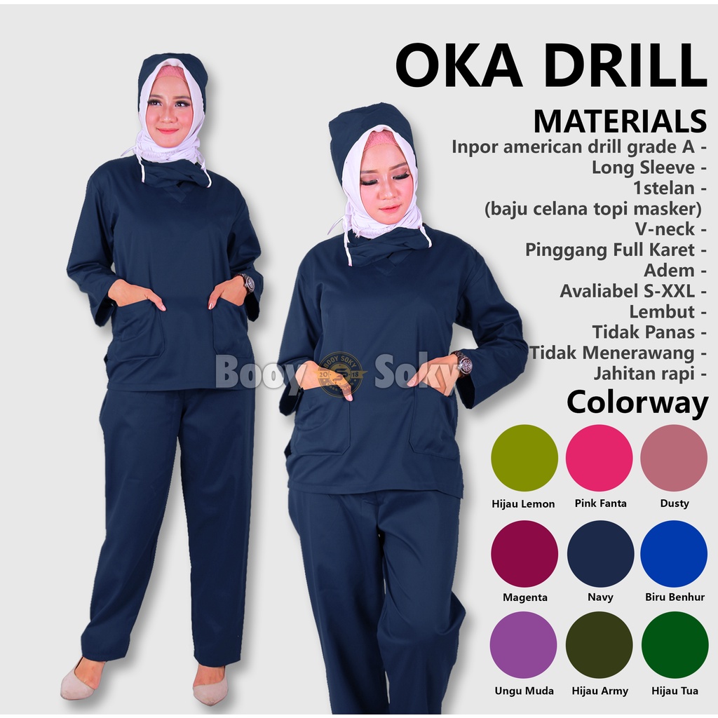 Baju Jaga Ok Oka Perawat Medis Lengan Panjang Dinas Kesehatan Malam | Baju Ok Murah Berkualitas American Drill | Set Scrub Dokter Kerah V-Navy