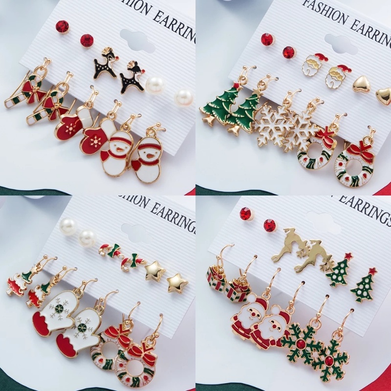 6 Pasang Anting Stud Desain Pohon Natal Rusa Snowman Santa Untuk Aksesoris Anak Perempuan