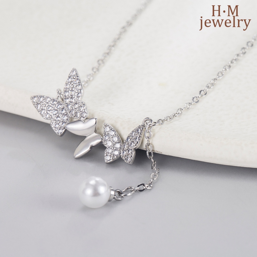 2022 Kalung Rantai Dengan Liontin Kupu-Kupu + Mutiara + Berlian Imitasi Untuk Wanita