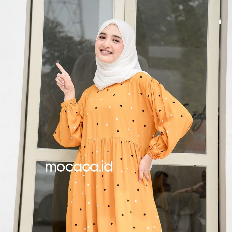 midi dress polkadot merah maroon kuning polka ootd hijab lengan karet kekinian katun rayon adem