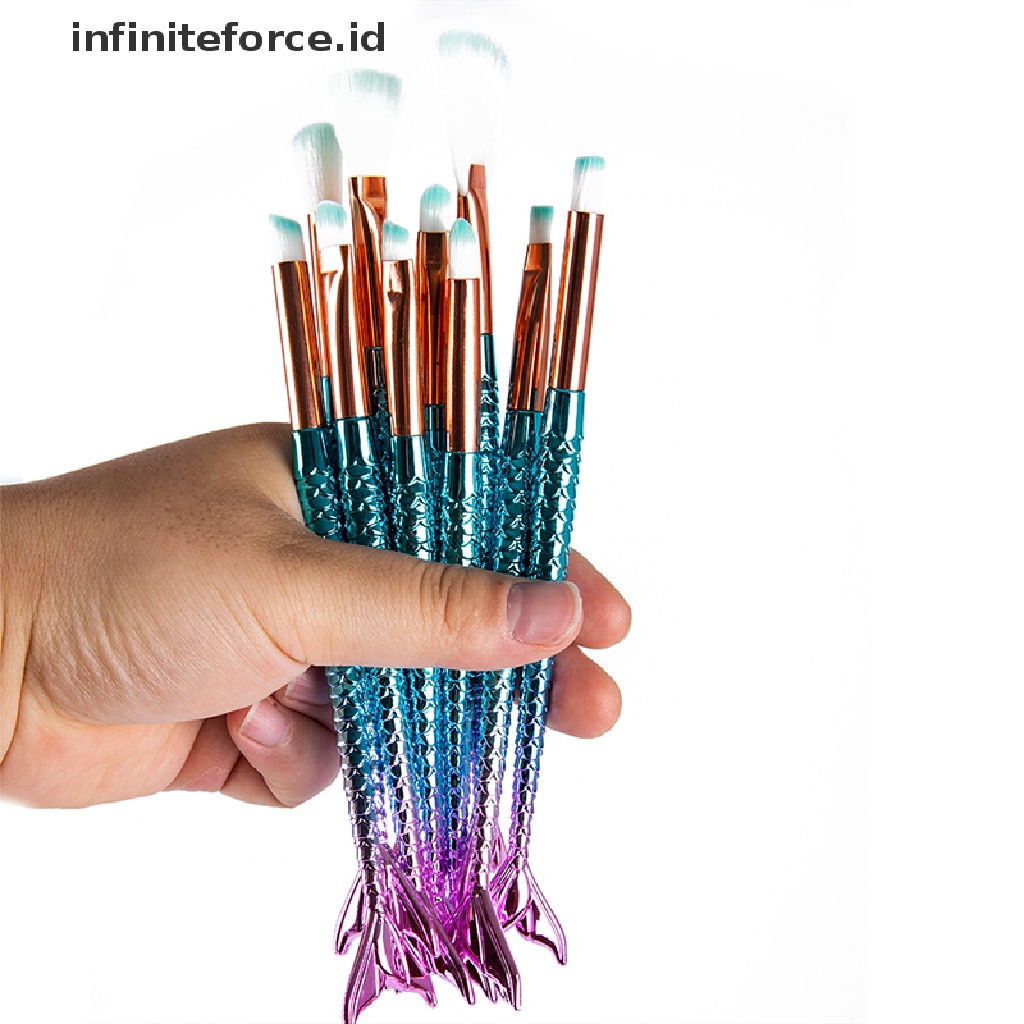 Infiniteforce.id 10pcs / Set Brush Foundation / Alis / Eyeliner Bentuk Mermaid Untuk Makeup / Kosmetik Wanita