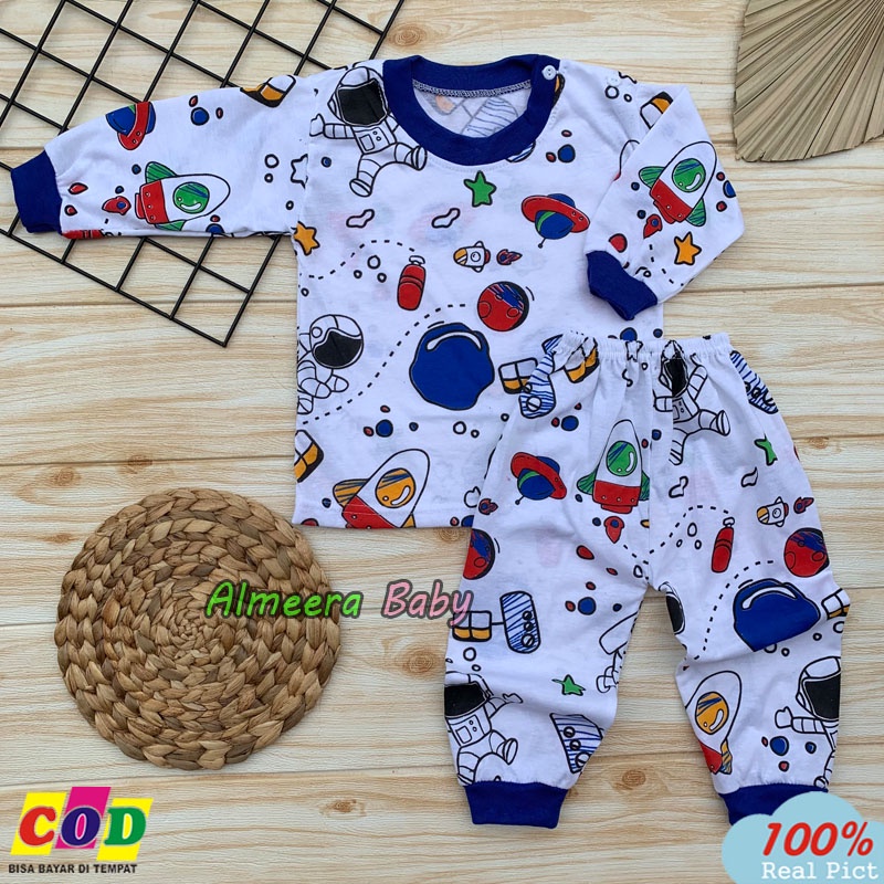 Setelan Baju Bayi Lengan Panjang Laki Perempuan Motif Astronot Usia 3-12 Bulan Almeera Baby and Kids