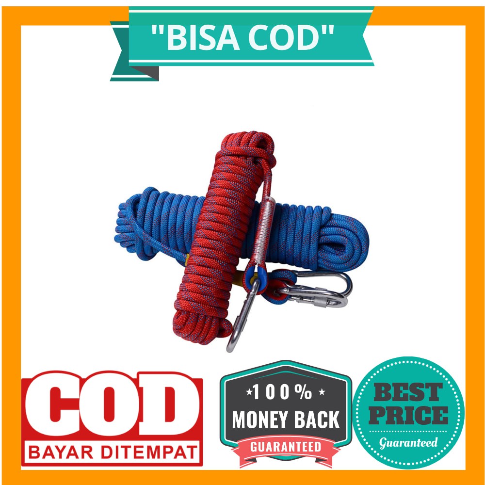 BISA COD Tali Paracord Panjang Tebing Climbing Rope 10mm 20 Meter with Steel Buckle - 24KN - Blue