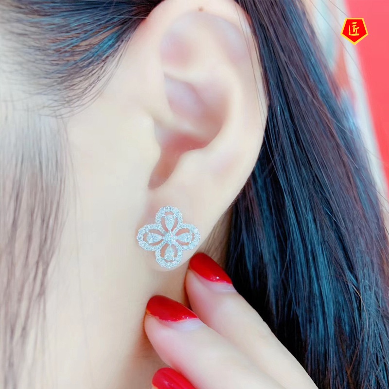 [Ready Stock]Fashion Four-Leaf Clover Moissanite Ear Stud Necklace