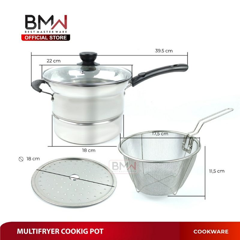 Diskon perlengkapan dapur BMW Kitchen Ware - Panci Set Kukus Goreng Rebus Deep Fryer 3 in 1 Panci Sup Korea