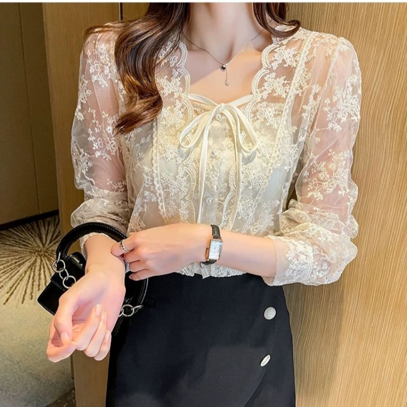 2888 Atasan Baju blus blouse kemeja lengan panjang brokat brukat Tulle motif ada puring dalam inner 