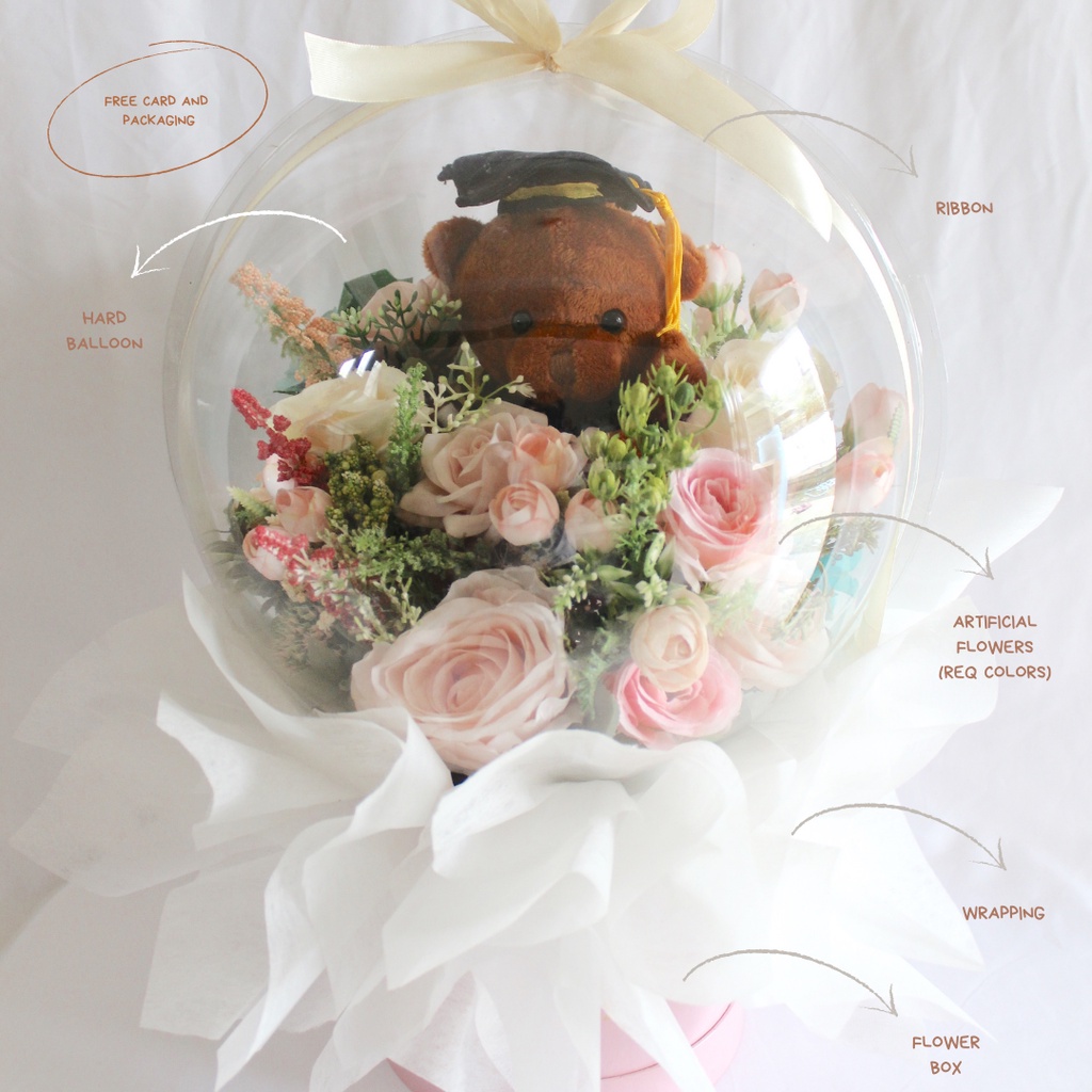 Hot Air Balloon - PVC Balon with teddy bear bunga rangkaian hadiah gift wisuda bertahan balon lucu d