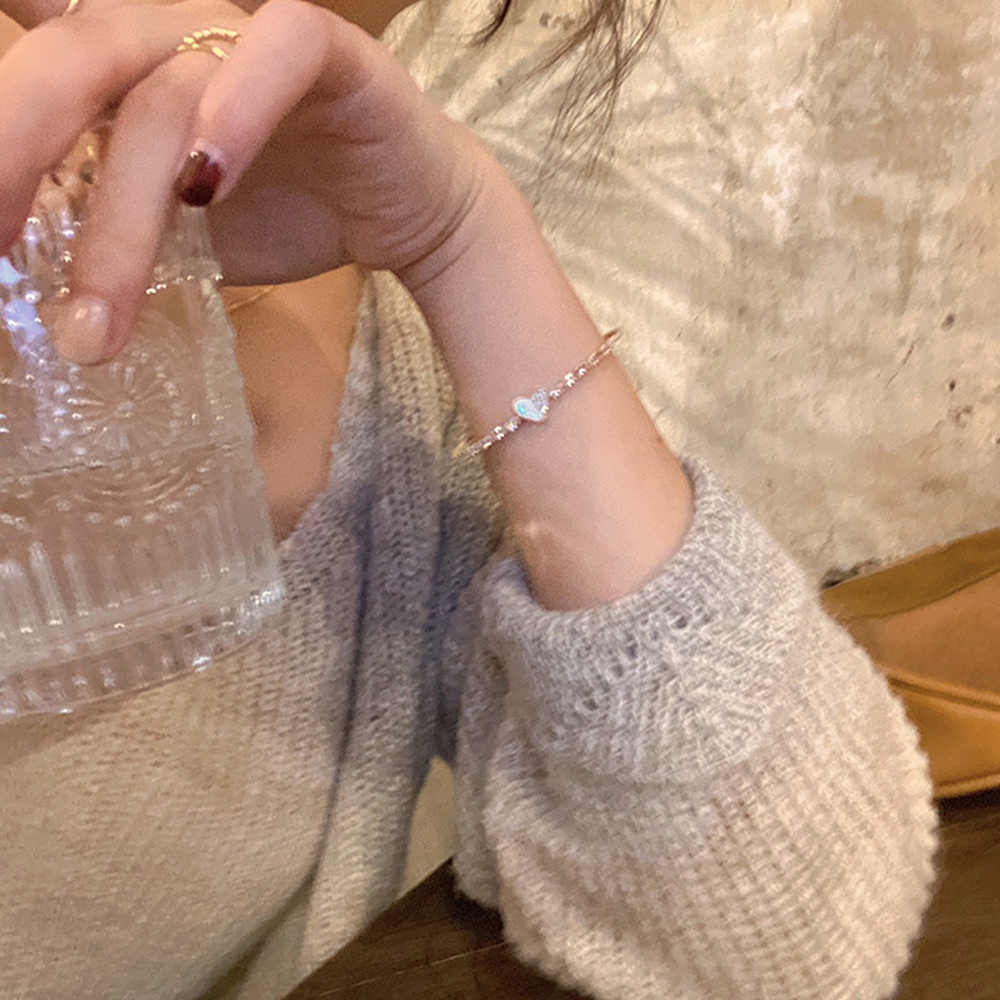 Gelang Bangle Open Desain Hati Hias Berlian Imitasi Untuk Wanita